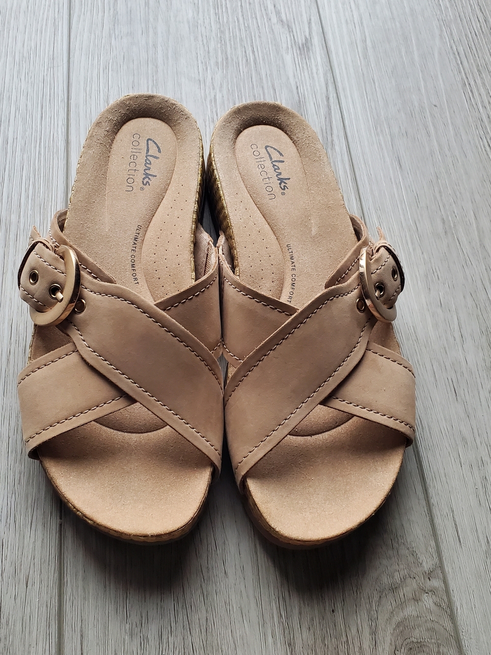 Clarks Beige Crisscross Buckle Slide Mules